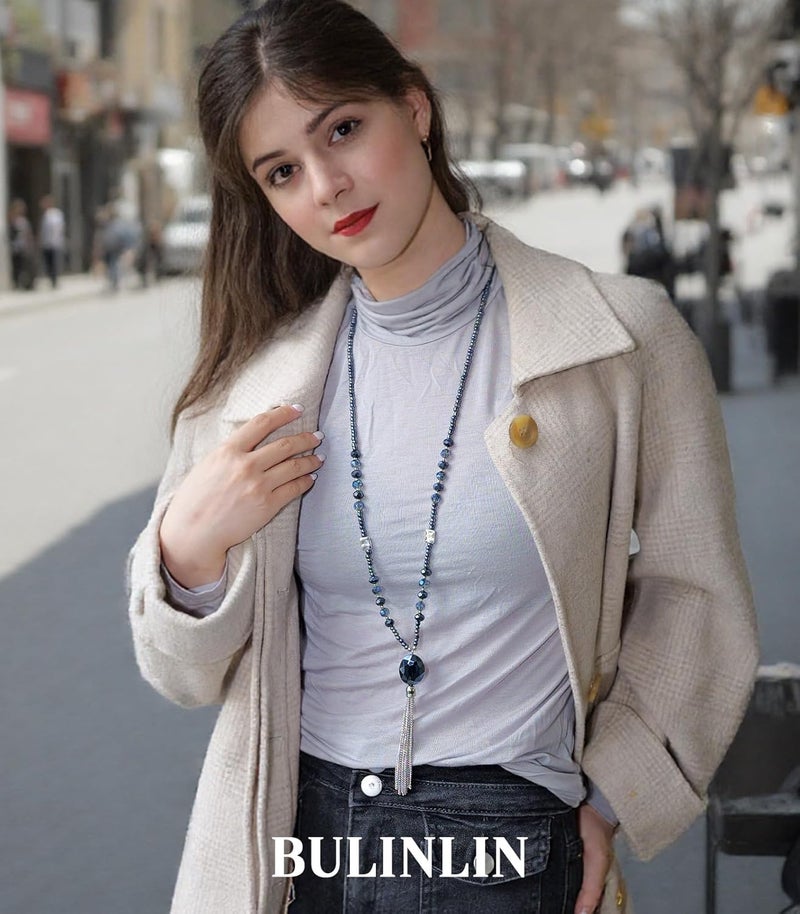 BULINLIN Boho Beaded Long Necklaces for Women Chunky Bead Pendant Necklace with Crystal Tassel Costume Jewelry Gifts for Her - Image 3